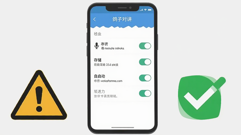 画面中央展示一部手机屏幕上显示“鸽子对讲”的权限设置界面,界面中有麦克风、存储、自启动等权限开关,手机旁边有一个警示三角图标和一个勾选标记,背景为浅灰色,布局居中,风格为扁平化教程插画,细节包括权限列表、开关按钮、提示文字,画质清晰干净,无多余元素