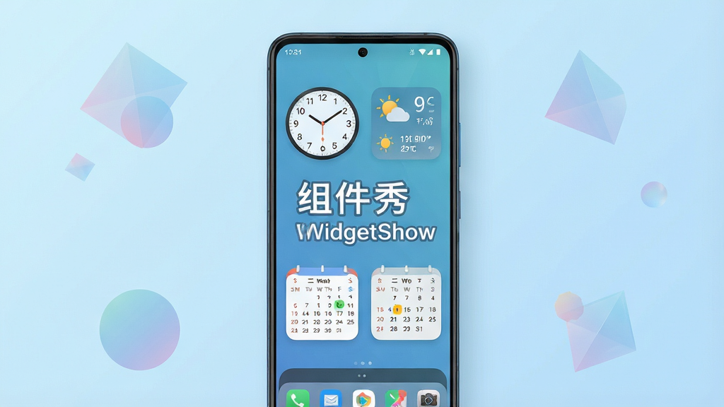 一张手机桌面展示图,画面中央摆放一部安卓手机,手机屏幕显示色彩清新的桌面小组件布局,包含圆形时钟组件、天气信息组件和日历组件,背景为浅蓝色渐变,手机周围散落几个半透明的几何图形装饰,整体风格简约现代,排版居中对称,画面干净整洁,高清晰度,无多余元素,屏幕中显示文字