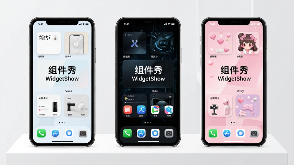 一张主题搭配效果图,画面展示三部手机并排排列,每部手机屏幕显示不同主题风格的桌面组件,分别为浅色简约风、深色科技风和粉色少女风,背景为白色展示台,排版整齐有序,风格时尚美观,画质清晰明亮,无多余元素,屏幕中显示文字