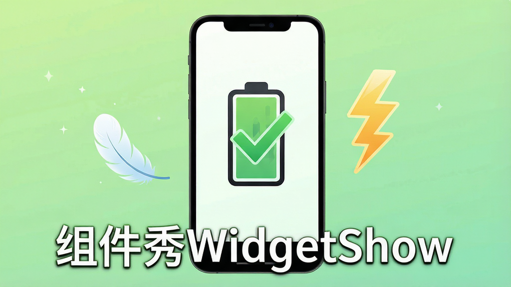 一张性能优化示意图,画面展示手机屏幕中显示电池图标和绿色对勾标志,旁边有轻盈的羽毛和闪电符号,背景为浅绿色渐变,风格清新简洁,排版居中突出主题,画质干净,无多余元素,屏幕中显示文字
