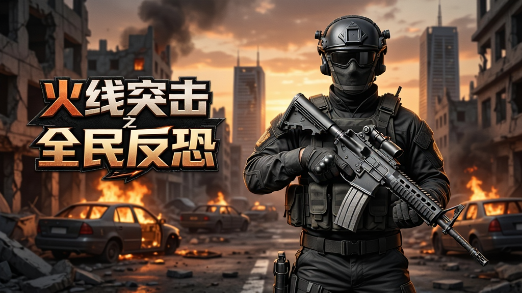 画面中央是身穿黑色战术装备的特种兵手持突击步枪站在废墟城市街道上,背景有燃烧的车辆和远处的高楼,天空呈现黄昏色调,画面左侧悬浮显示“火线突击之全民反恐”游戏标题logo,整体布局为竖版手机游戏宣传图,风格为写实军事风,细节包括枪械纹理、战术背心口袋、破损墙体,画质高清,画面干净,无多余元素