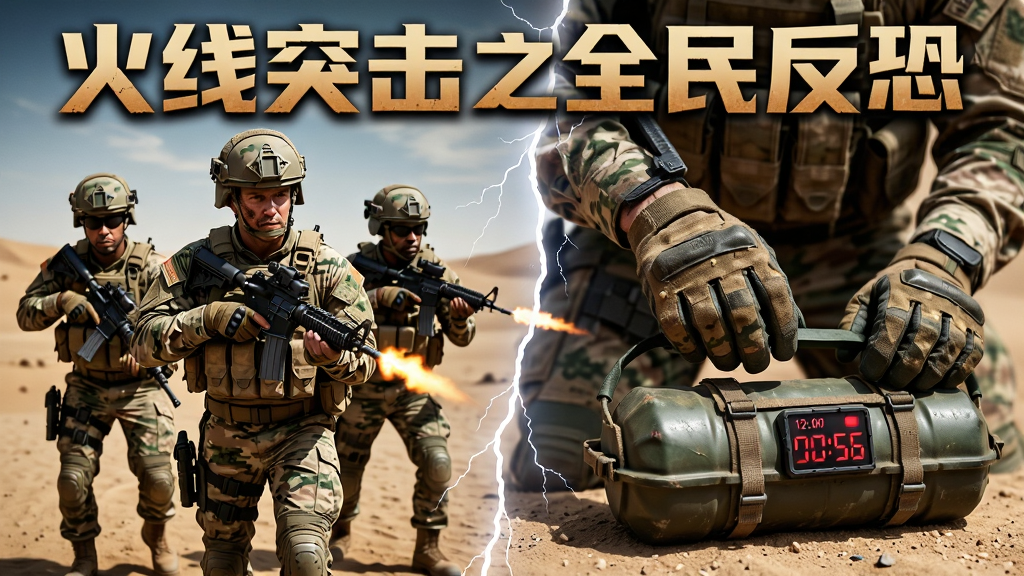 画面分为左右两部分,左侧是四人特种小队在沙漠中推进,右侧是爆破模式中安放炸弹的特写,中间用闪电分割,画面顶部有“火线突击之全民反恐”字样,布局为竖版对比图,风格为写实军事,细节包括队员面部迷彩、枪口火焰和炸弹计时器,画质高清,干净无多余元素