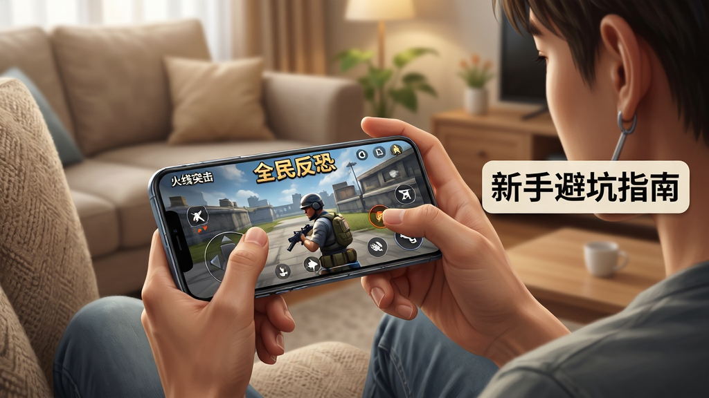 画面中一名新手玩家坐在沙发上手持手机,手机屏幕显示“火线突击之全民反恐”游戏界面,旁边有虚拟摇杆和射击按钮,背景是温馨的客厅环境,画面右侧有“新手避坑指南”文字标签,布局为竖版生活场景,风格为写实插画,细节包括手机反光、手指操作姿势和沙发纹理,画质高清,干净无多余元素