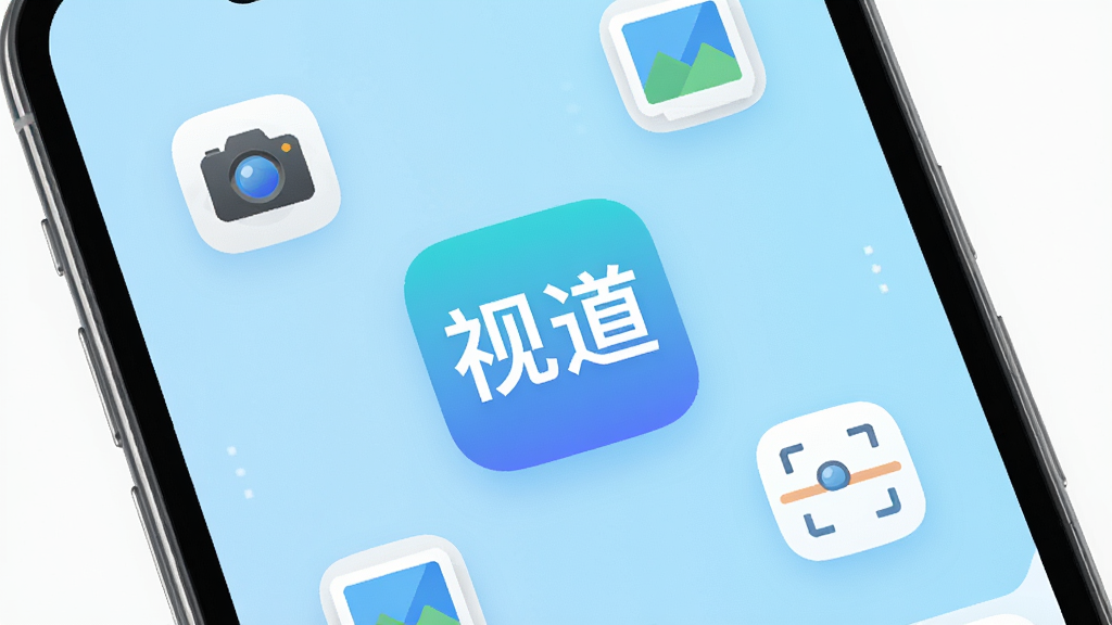 一张展示智能手机屏幕的画面,屏幕中央显示“视道”应用的主界面,背景是浅蓝色渐变,周围环绕着相机图标、图片图标和文字识别图标,风格简洁现代,扁平化设计,画面干净明亮,高清晰度,无多余元素