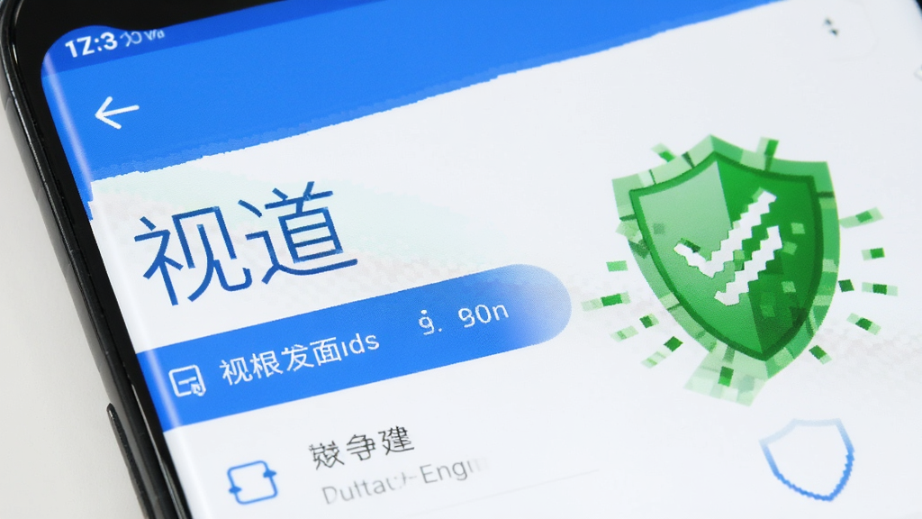 一部安卓手机显示“视道”权限设置界面,旁边有一个绿色盾牌图标,画面风格安全可靠,色调以蓝色和白色为主,高清晰度,干净简洁