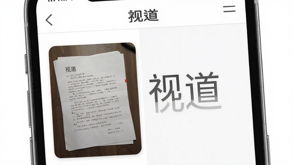 手机屏幕特写,显示“视道”文字提取功能界面,左侧是一张带有文字的纸张图片,右侧是提取出来的文本内容,界面配色为白色与深灰色,风格商务简约,画质清晰,无多余装饰