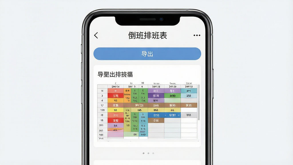一张展示倒班排班表数据导出功能的图片,手机屏幕显示导出预览界面,排班表以图片形式呈现,包含彩色班次和日期,顶部有“导出”按钮,软件名称“倒班排班表”清晰可见,风格为清爽素雅,画质高清,干净无多余元素