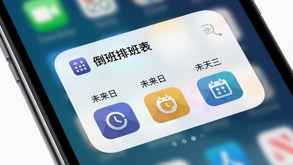一张展示倒班排班表桌面小组件功能的图片,手机主屏幕上显示一个简洁的小组件,上面标注“今日夜班”和未来三天的班次图标,背景是手机桌面,软件名称“倒班排班表”出现在小组件顶部,风格为现代简约,画质高清,干净无多余元素