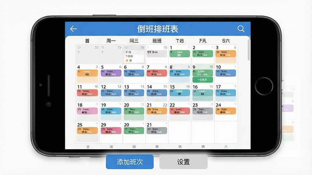 一张手机屏幕展示倒班排班表应用主界面的图片,画面中央是清晰的月历视图,不同班次用不同颜色标注,顶部显示软件名称“倒班排班表”,底部有添加班次和设置按钮,整体布局简洁明了,风格为现代扁平化设计,细节精致,画质高清,干净无多余元素