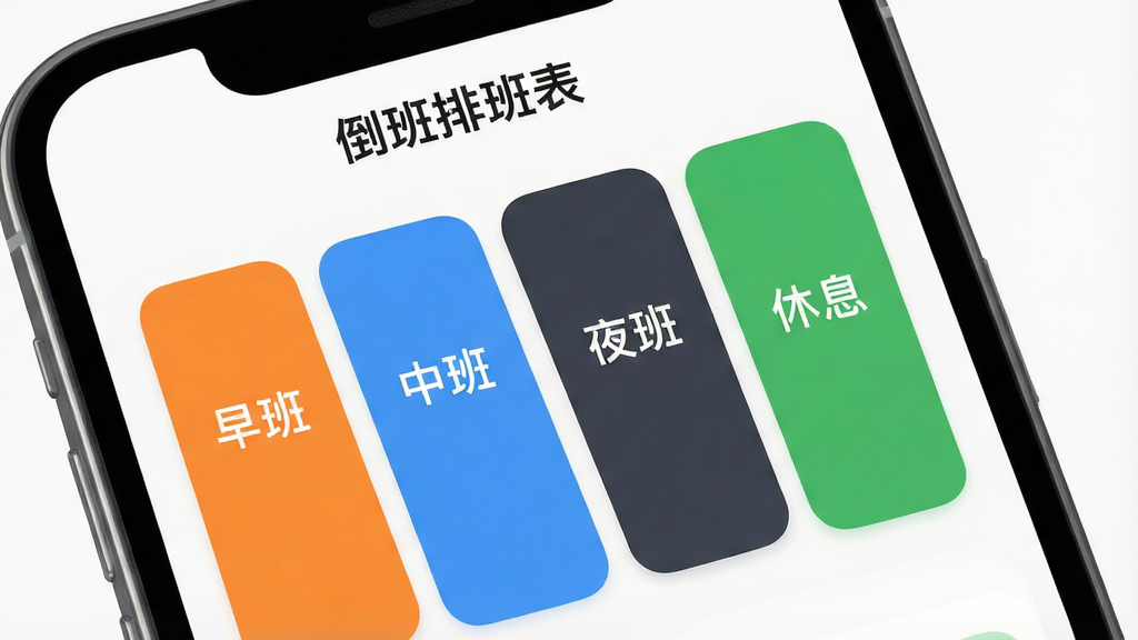 一张展示倒班排班表班次颜色自定义界面的图片,手机屏幕中显示多个彩色班次标签,分别为“早班”橙色、“中班”蓝色、“夜班”深灰色、“休息”绿色,界面顶部有软件名称“倒班排班表”,风格为柔和圆角设计,画质高清,干净无多余元素