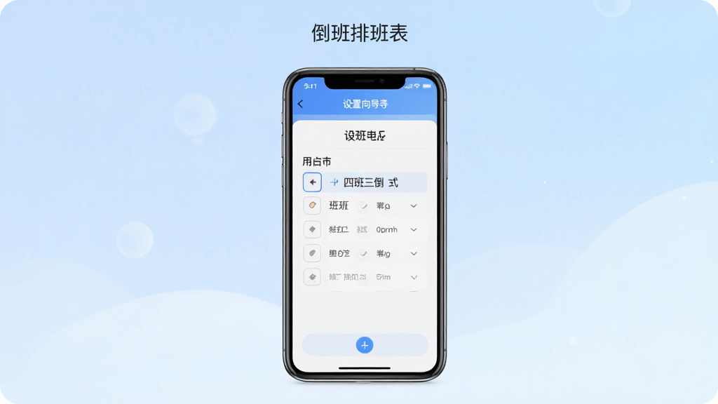 一张展示倒班排班表自动生成排班功能的界面截图,画面中手机屏幕显示设置向导,用户正在选择“四班三倒”模式,背景是淡蓝色渐变,软件名称“倒班排班表”清晰可见,整体风格清新简洁,画质高清,干净无多余元素