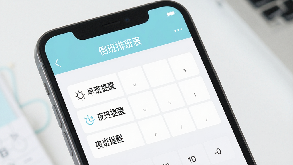 一张展示倒班排班表在手机端设置闹钟提醒的界面图片,屏幕中显示闹钟设置页面,有“早班提醒”“夜班提醒”等选项,软件名称“倒班排班表”在顶部,界面风格为清新浅色,画质高清,干净无多余元素