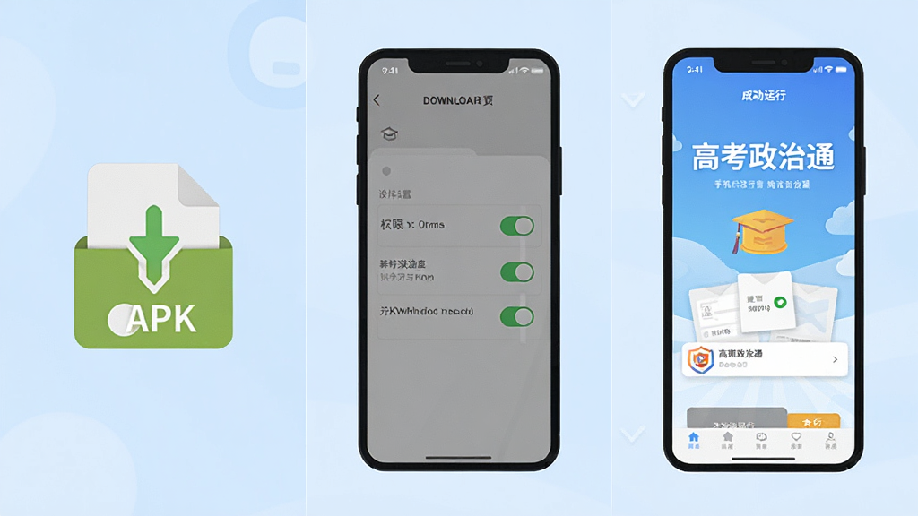 һ��չʾ�ֻ�Ӧ�ð�װ�����ʾ��ͼ�������Ϊ�������֣����������APK�ļ���ͼ�꣬�м����ֻ�������Ȩ�޿��صĽ��棬�Ҳ��ǡ��߿�����ͨ���ɹ����еĽ��棬������ǳ��ɫ���������ƽ���������������޶������ֺ�Ԫ��