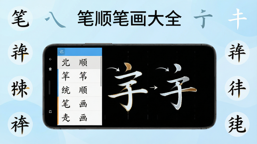 笔顺笔画大全软件主界面展示,画面中央放置一部安卓手机,手机屏幕上显示汉字笔顺动态演示过程,左侧为汉字列表,右侧为笔画顺序动画,背景为淡蓝色渐变,整体风格清新简洁,手机周围环绕着汉字偏旁部首的图标,顶部有“笔顺笔画大全”文字标识,画质清晰,干净无多余元素,适合软件下载站展示用图