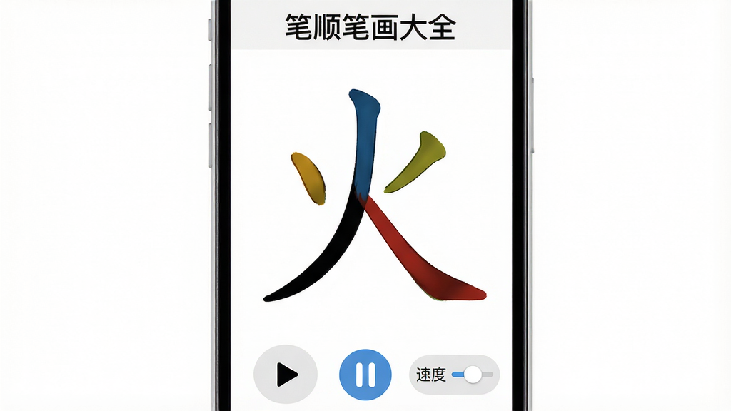 笔顺笔画大全动态笔顺演示功能界面,手机屏幕中央显示一个放大的汉字“火”,笔画正以动画形式逐笔书写,每一笔用不同颜色高亮显示,屏幕下方有播放、暂停、速度调节按钮,背景为白色,顶部显示“笔顺笔画大全”软件名称,整体排版清晰,风格简约教育类,画质干净,无多余装饰元素