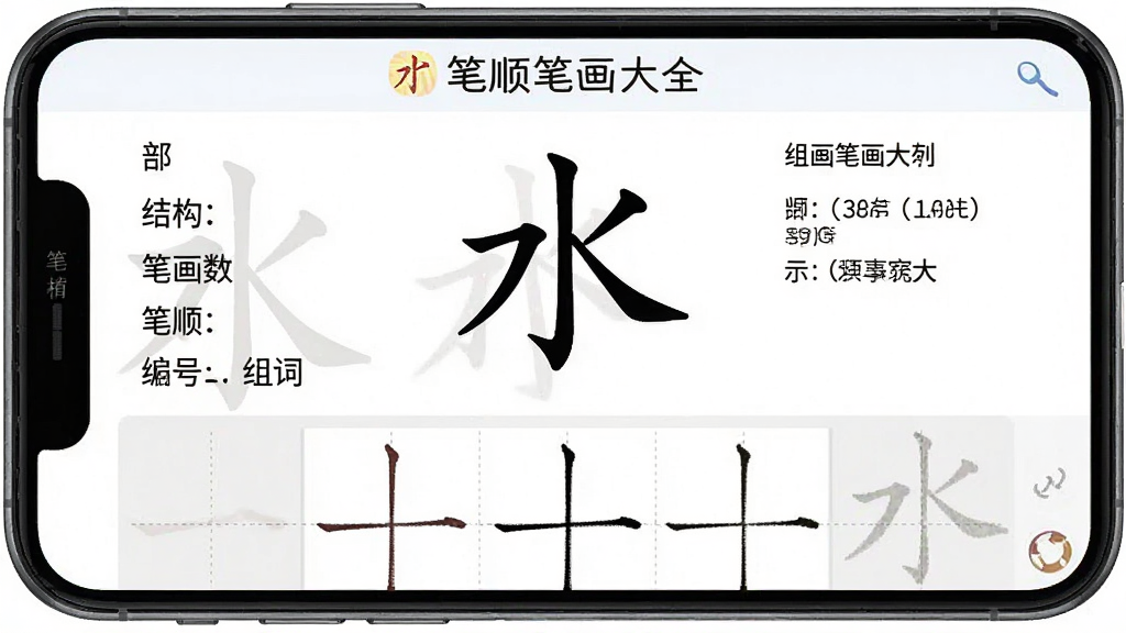 笔顺笔画大全汉字详情页面,手机屏幕上展示汉字“水”的详细信息,包括部首、结构、笔画数、笔顺编号、组词示例,屏幕下方有田字格书写区域,背景为白色,顶部有“笔顺笔画大全”标识,整体排版清晰,教育风格,画质干净,无多余元素
