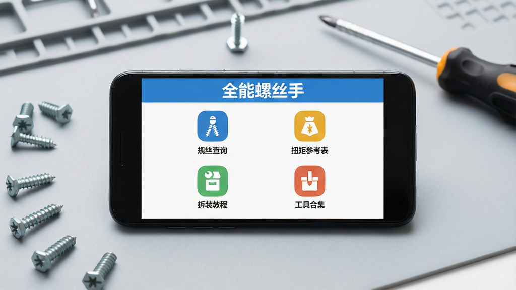 一张展示全能螺丝手软件主界面的横版图片,画面中央放置一部安卓手机,手机屏幕显示软件首页,首页顶部有“全能螺丝手”文字标题,下方排列螺丝规格查询、扭矩参考表、拆装教程、工具合集四个功能图标,背景为浅灰色工作台面,台面上散落几颗不同型号的螺丝与一把螺丝刀,整体风格为写实产品展示风,光线明亮柔和,画质清晰干净,无多余元素。