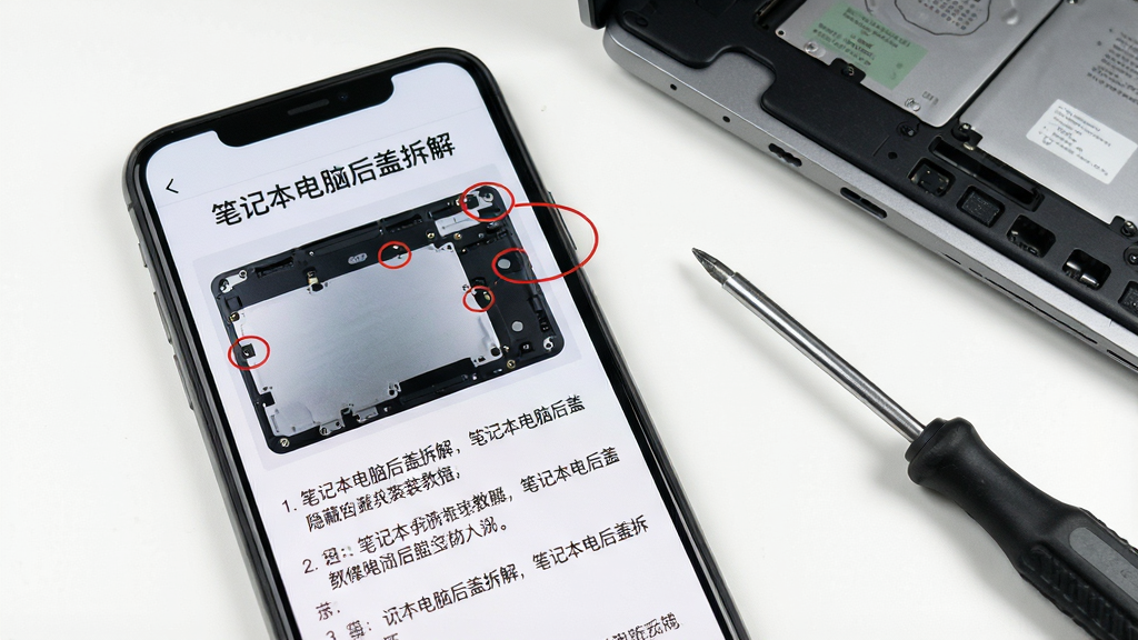 一张展示全能螺丝手拆装教程功能的图片,画面中手机屏幕显示一篇标题为“笔记本电脑后盖拆解”的教程页面,页面上方为实拍图,图中用红色圆圈标出隐藏螺丝位置,下方为步骤文字说明,手机旁边放着一台笔记本电脑与一把十字螺丝刀,背景为白色桌面,风格为教程演示风,画质清晰,排版整洁,无多余装饰。