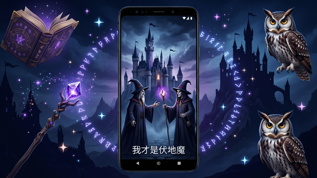 画面中央是一部竖屏安卓手机,手机屏幕内展示魔法城堡与黑袍法师角色对立的奇幻场景,手机周围环绕魔法书、魔杖、猫头鹰与星光粒子,整体采用暗黑魔法风格,深蓝与紫色主色调,布局居中对称,排版干净清晰,细节包含飘浮的咒语光纹与古堡剪影,画质高清精致,画面干净无多余元素,图中文字为“我才是伏地魔”