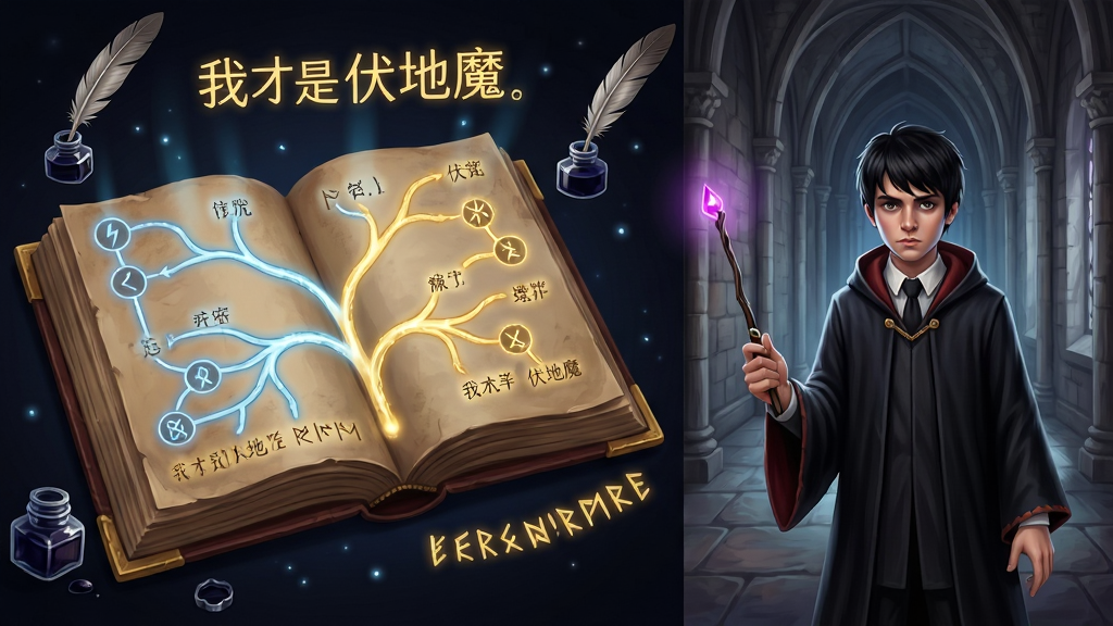 画面主体为一本摊开的魔法书,书页上浮现出多条分叉发光的剧情路线,旁边站立一位黑袍少年手持魔杖,布局采用左右分栏,左侧是书本与路线图,右侧是城堡走廊背景,风格为奇幻插画,细节包含漂浮的羽毛笔、墨水瓶与金色咒文,画质高清,画面干净整洁,图中文字为“我才是伏地魔”
