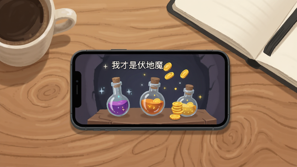 画面中一部手机横置在木质桌面上,屏幕显示魔法药剂瓶与金币自动累积的界面,手机旁边有咖啡杯与笔记本,布局为俯视桌面视角,风格为简约生活插画,细节包含柔和光影与木质纹理,画质高清,画面干净无多余元素,图中文字为“我才是伏地魔”