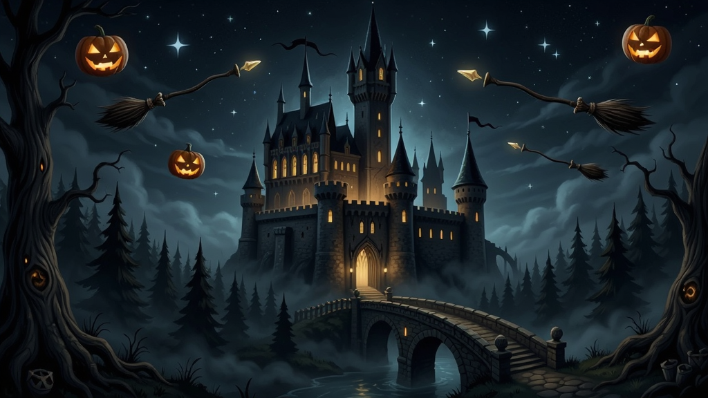 画面展示一座宏伟的魔法城堡夜景,城堡窗户透出暖光,前方是幽暗森林与石桥,天空中漂浮着南瓜灯与魔法扫帚,布局为远景全景构图,风格为暗黑童话插画,细节包含星光、雾气与古树纹理,画质高清,画面干净,图中文字为“我才是伏地魔”