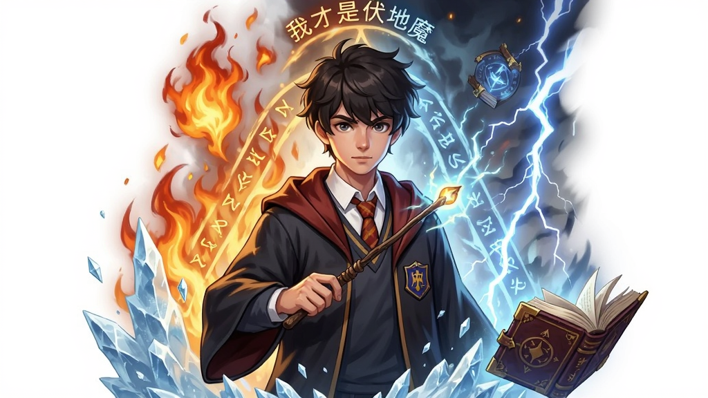 画面中央是一位身穿学院袍的年轻巫师,手持发光魔杖,周围环绕火焰、冰霜与闪电三种魔法元素,布局为人物居中的三角形构图,风格为二次元奇幻立绘,细节包含悬浮的咒语符号与魔法书籍,画质高清,画面干净无多余元素,图中文字为“我才是伏地魔”