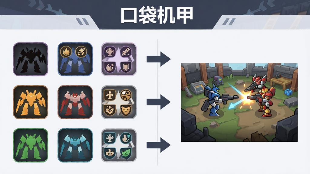 画面是一张游戏阵容搭配示意图,左侧列出五台不同颜色机甲图标,右侧是战斗场景缩略图,中间用箭头连接,布局为左右分栏,排版上标题“口袋机甲”放在顶部居中,风格为扁平化游戏攻略图,细节包括机甲剪影、属性图标、箭头指向,画质清晰、干净、无多余元素