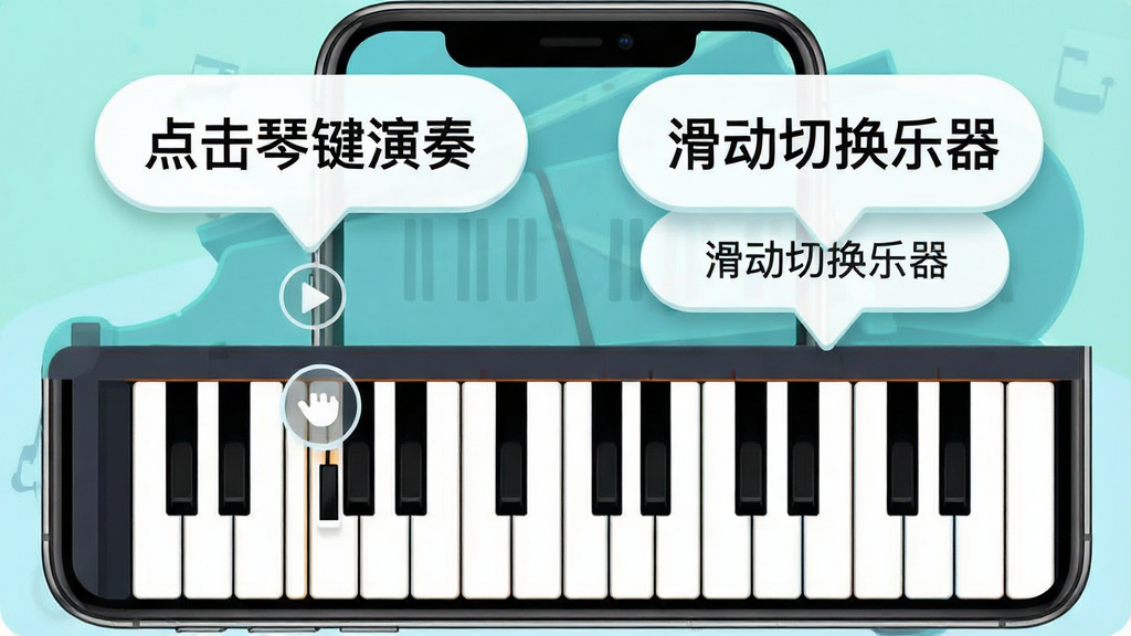 乐器万能模拟器新手操作指引图,画面为手机屏幕截图风格,屏幕内显示钢琴键盘和悬浮的操作提示气泡,气泡内写有“点击琴键演奏”“滑动切换乐器”等字样,布局上键盘在下半部分,提示气泡在上半部分,风格为清新明快的扁平化设计,细节上气泡有圆角和小箭头指向,画质高清,干净,无多余元素