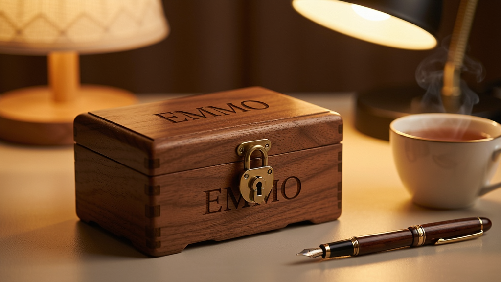 一个带锁的精致小木盒放在书桌上,盒子表面刻着“EMMO”字样,旁边放着一支钢笔和一杯热茶,背景是虚化的暖色台灯光晕,整体氛围安静私密,风格写实静物摄影,画质细腻,构图简洁干净