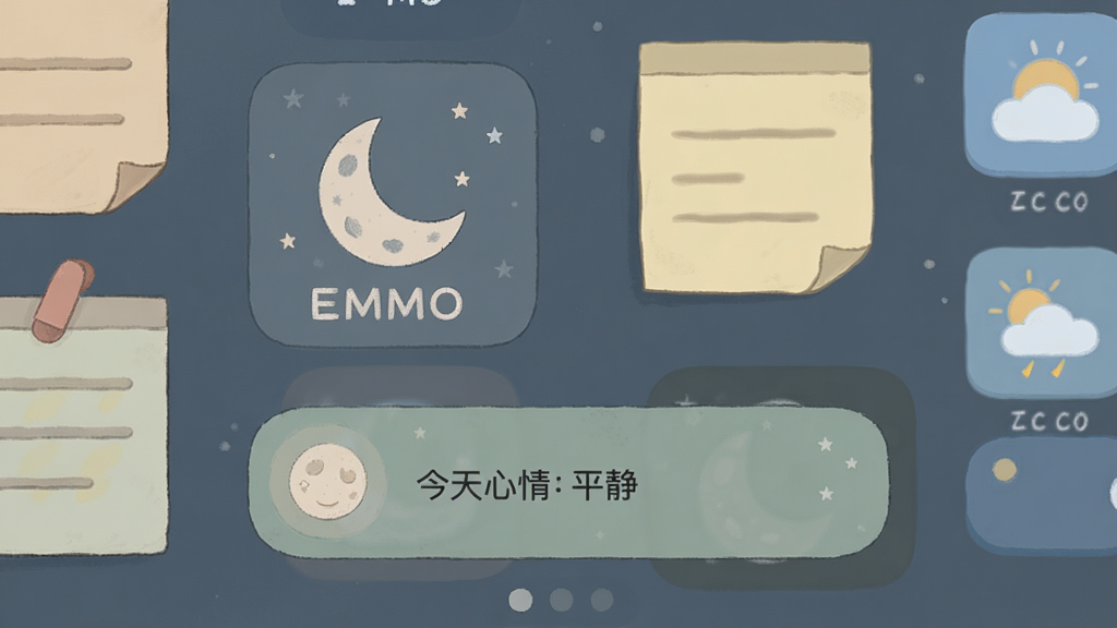 手机主屏幕截图风格插画,桌面上摆放着EMMO的方形和长条形小组件,显示月亮图标和“今天心情:平静”字样,周围有便签和天气图标,整体配色为莫兰迪色系,风格扁平化UI展示,画质清晰,排版整齐无杂乱