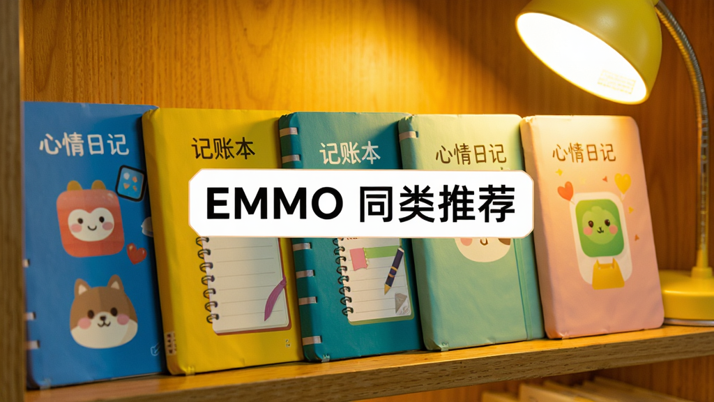 一排彩色封面的日记本整齐排列在木质书架上,每本封面上分别印着不同应用图标和“心情日记”“记账本”等字样,画面中央用醒目标签标注“EMMO 同类推荐”,背景是暖黄色灯光,风格温馨生活化,画质清晰,构图饱满