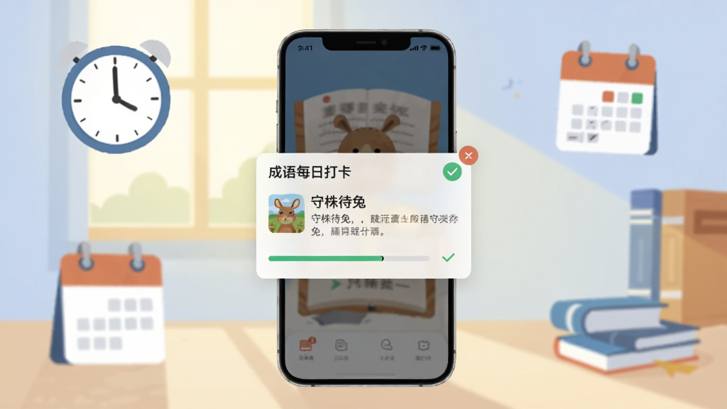 画面中央是一部竖屏智能手机,屏幕显示