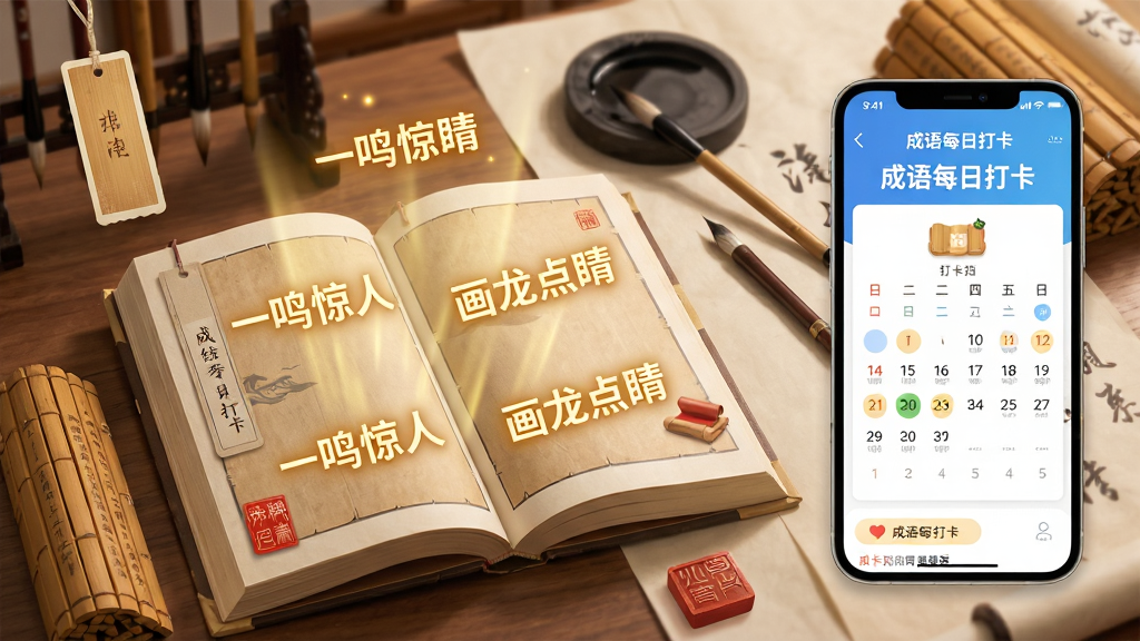 画面中心是一本展开的古典书籍,书页上浮现出多个发光的中文成语如