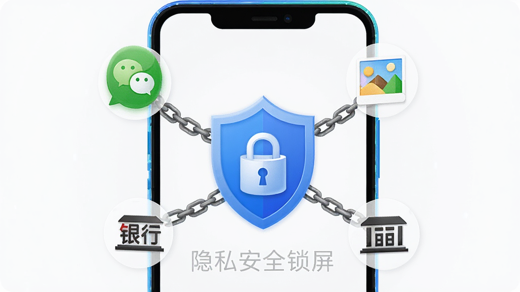 主体为一部安卓手机正面竖屏展示,屏幕中央显示一把蓝色盾牌形锁图标,周围环绕微信、相册、银行三枚小图标被锁链连接,布局为手机居中、图标环绕,排版简洁,风格为扁平化科技感,细节上手机边框有微光描边、锁图标带轻微立体感,画质清晰、干净、无多余元素,画面中文字标注“隐私安全锁屏”