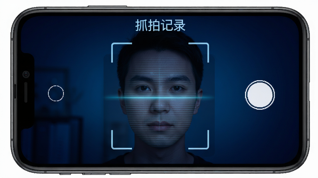 主体为手机前置摄像头视角抓拍画面示意图,画面中显示一个人脸轮廓被方框标记,布局为居中抓拍框,排版上方有“抓拍记录”字样,风格为暗色科技风,细节上人脸轮廓带扫描线效果、背景为深蓝渐变,画质清晰、干净、无多余元素,画面中文字标注“隐私安全锁屏”