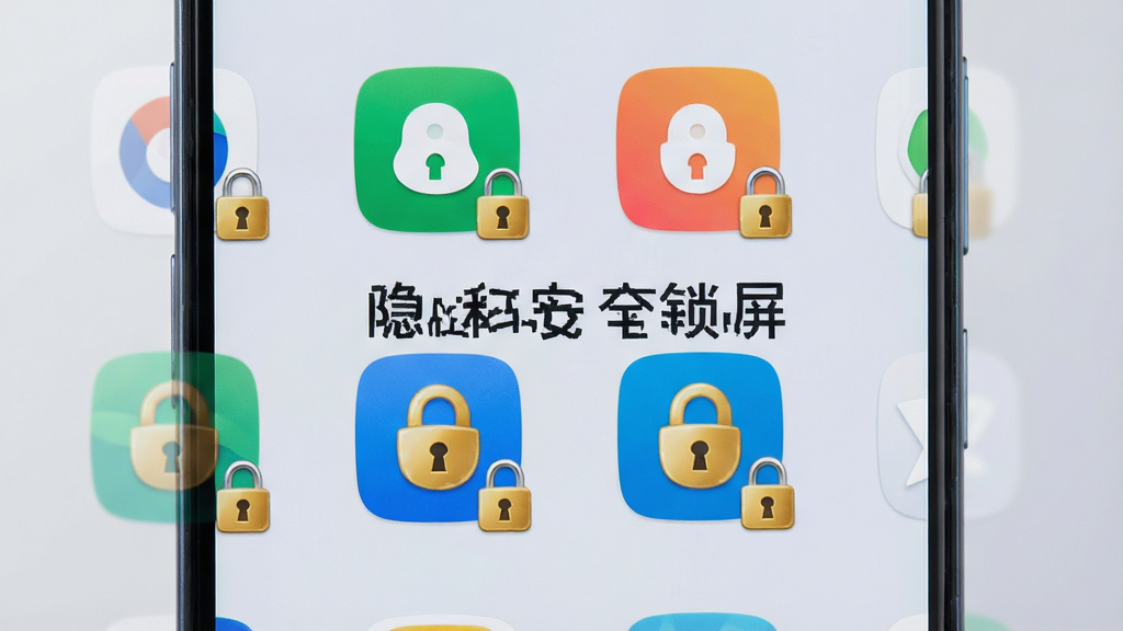 主体为安卓手机屏幕特写,画面中排列多个应用图标,每个图标右下角带有一把小锁标记,布局为两列网格排列,排版整齐,风格为清新浅色UI,细节上锁图标为金色、背景为淡灰渐变,画质清晰、干净、无多余元素,画面中文字标注“隐私安全锁屏”