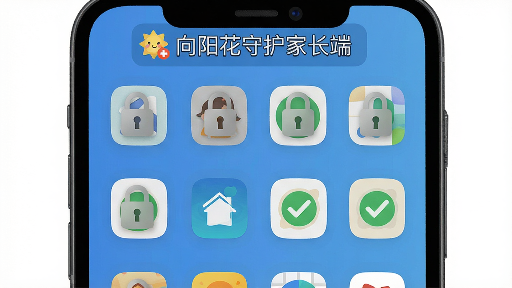 一张表现应用使用限制功能的生图,画面中央展示一部手机屏幕,屏幕上排列着多个应用图标,其中部分图标被锁形标志覆盖,部分图标显示绿色对勾表示允许使用。手机上方有“向阳花守护家长端”文字标识。布局为居中特写,风格扁平插画,细节清晰,画质高清,干净,无多余元素。