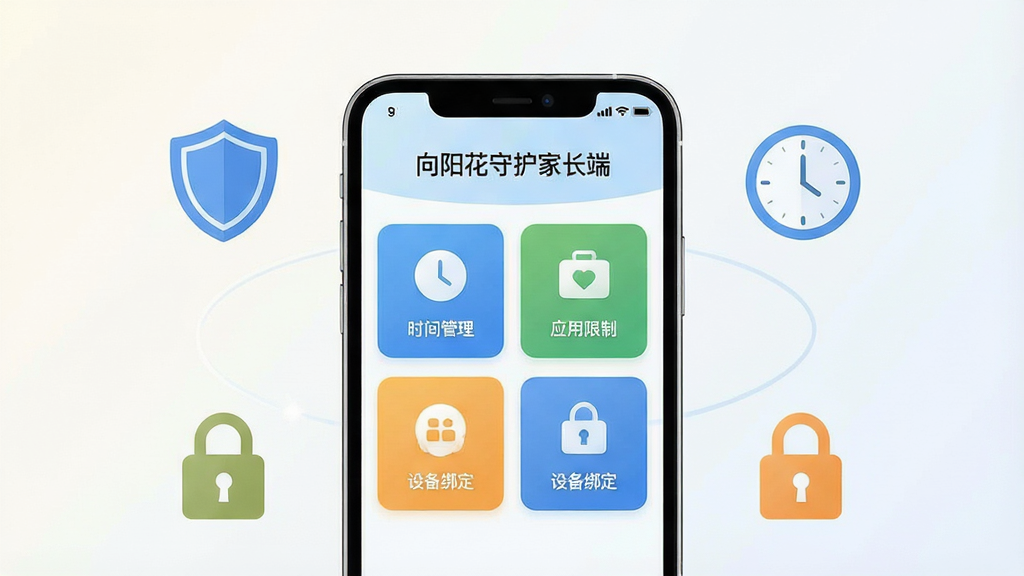 一张简洁的软件功能全貌示意图,画面中央放置一部智能手机,手机屏幕显示“向阳花守护家长端”的应用界面,界面中有时间管理、应用限制、设备绑定等图标模块。手机周围环绕着盾牌、时钟、锁形图标,象征守护与管控。背景为干净的浅色渐变,整体布局居中对称,风格清新扁平化,细节清晰,画质高清,干净,无多余元素。