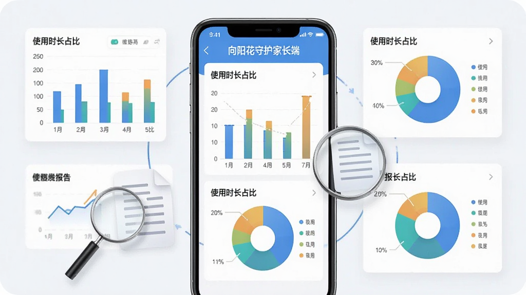 一幅展示使用情况报告功能的AI生图,画面中一部手机屏幕显示“向阳花守护家长端”的数据报告页面,页面内有柱状图与饼图,分别表示不同应用的使用时长占比。手机旁边有放大镜与文档图标。布局为手机居中,图表元素环绕,风格商务简洁,细节清晰,画质高清,干净,无多余元素。