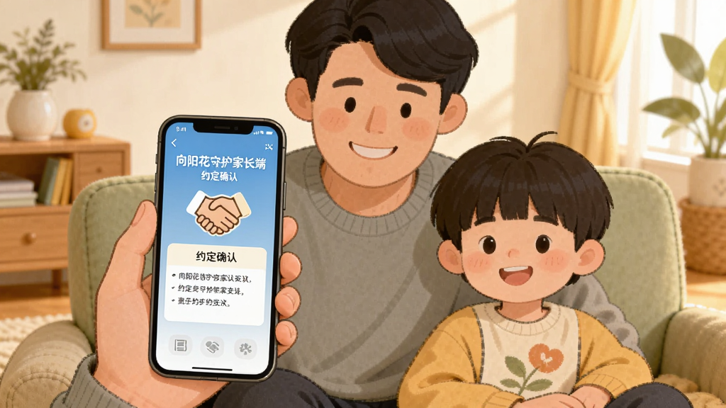 一张表现亲子约定模式的生图,画面中家长与孩子坐在一起,各自手持手机,手机屏幕显示“向阳花守护家长端”的约定确认界面,界面中有握手图标与约定条款。背景为温馨家居环境,布局为人物居中,风格温暖插画,细节清晰,画质高清,干净,无多余元素。