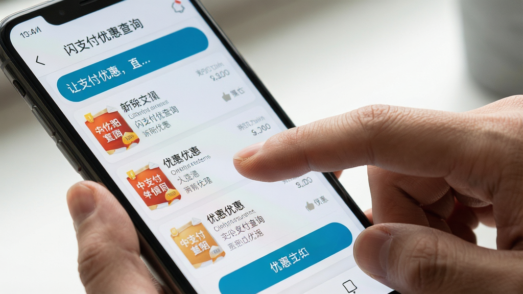 一幅展示简洁操作界面的场景图,主体为一只手点击手机屏幕上的优惠条目,屏幕显示