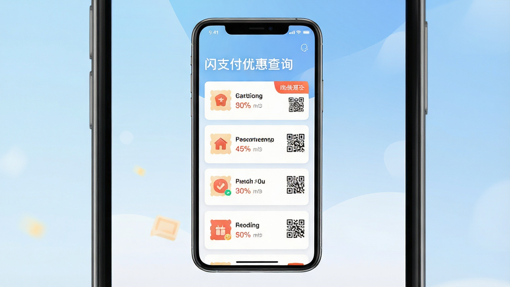 一张手机屏幕展示闪支付优惠查询应用主界面的场景图,画面中央是手机正面竖屏,屏幕内显示优惠列表卡片式布局,包含