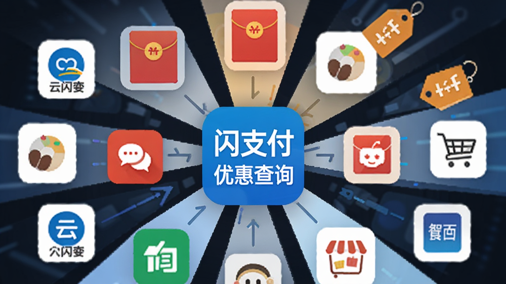 一幅展示多平台优惠信息汇聚的插画,画面主体为多个支付图标向中心汇聚,中心位置显示