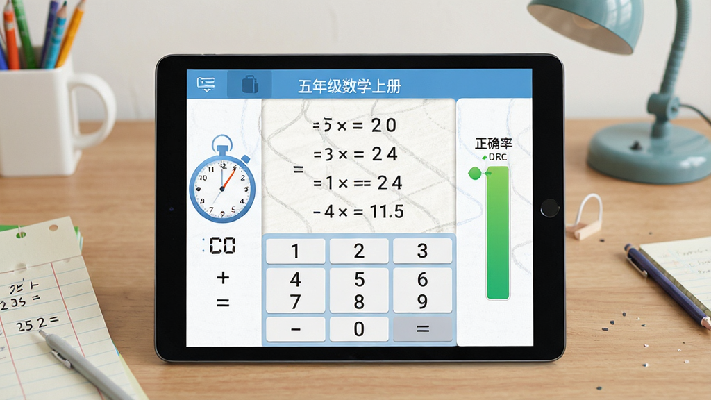 五年级数学上册软件中的简便计算训练界面,画面主体是一块平板电脑屏幕,屏幕上显示小数乘除法计算题和数字键盘,屏幕左侧有计时器,右侧有正确率进度条,背景是书桌场景,布局清晰,风格现代教育风,细节包括数字、运算符号和草稿纸纹理,画质清晰,干净,无多余元素