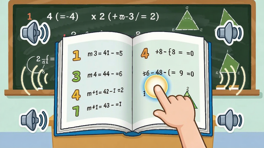 五年级数学上册软件内的点读功能界面,画面中心是一本翻开的电子数学课本,课本上有手指点击例题的动画效果,周围环绕着扬声器图标和声波纹理,背景是教室黑板风格,布局简洁,风格卡通教育风,细节包括数字公式和几何图形,画质清晰,干净,无多余元素
