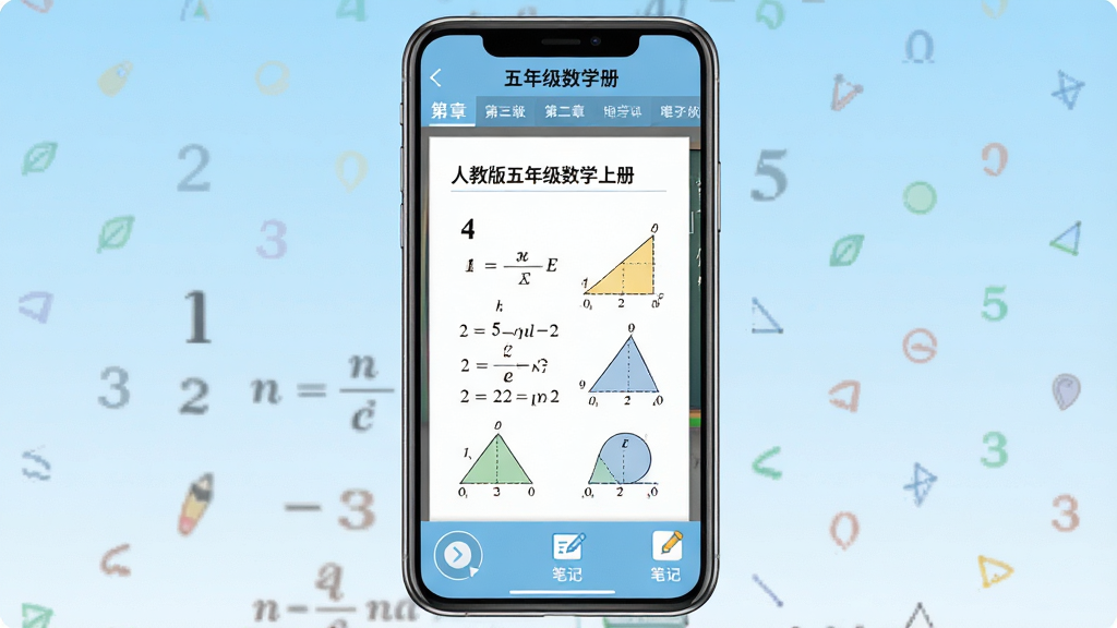 一张展示五年级数学上册电子课本界面的手机应用截图,画面主体是一台竖屏智能手机,手机屏幕中显示人教版五年级数学上册电子课本的翻页效果,屏幕上方有章节导航栏,下方有翻页按钮和笔记功能图标,背景是浅蓝色渐变,布局居中,风格简洁清新,细节包括数字、公式和几何图形,画质清晰,干净,无多余元素
