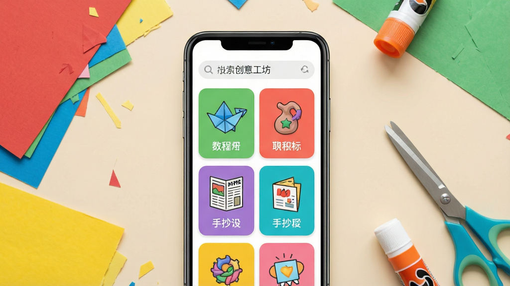一张展示小小创意工坊应用主界面的手机截图风格图片,画面中央放置一部竖屏智能手机,屏幕内显示应用首页,顶部有搜索栏,中部为彩色卡片式教程列表,包含折纸、黏土、手抄报等分类图标,背景为浅米色桌面,桌面上散落彩色卡纸、剪刀、胶棒等手工工具,整体风格清新明快,细节清晰,画质干净,无多余元素