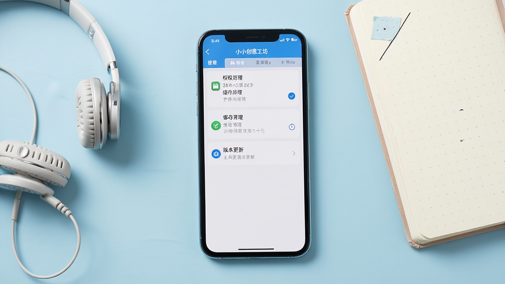 一张展示小小创意工坊使用指南的图片,画面中央一部手机竖屏显示应用设置界面,屏幕内可见权限管理、缓存清理、版本更新等选项,手机旁边放置一副耳机和一本手账本,背景为浅蓝色桌面,风格清爽简洁,画质干净,无多余元素