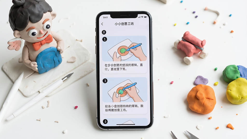 一张展示小小创意工坊分步操作指引的图片,画面中央一部手机竖屏显示分步教程界面,屏幕内可见步骤序号、操作示意图和文字说明,手机旁边放置未完成的黏土作品和几块彩色黏土,背景为白色桌面,风格简洁清晰,画质干净,无多余元素